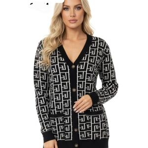 Geometric Patterned Black and White Cardigan
